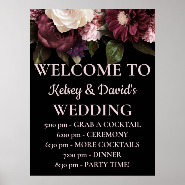 Poster Bourgogne & Mariage rose Floral Détails Bienvenue (Devant)