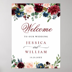 Poster Bourgogne Navy Blush Fleurs Mariage Bienvenue