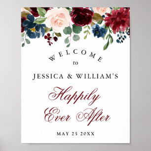 Poster Bourgogne Navy Blush Fleurs Mariage Bienvenue