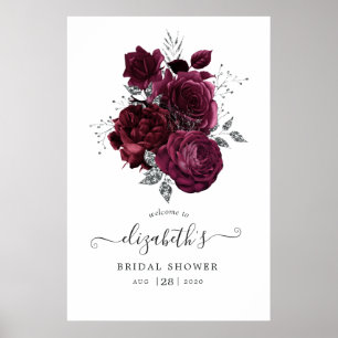Poster Bourgogne prune et floral argenté