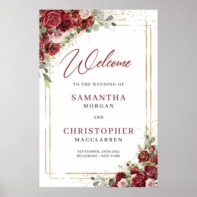 Poster Bourgogne rousse rose eucalyptus Mariage Bienvenue (Devant)