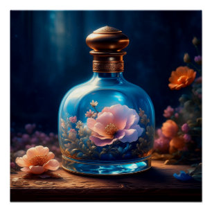 Poster Bouteille de parfum bleu floral