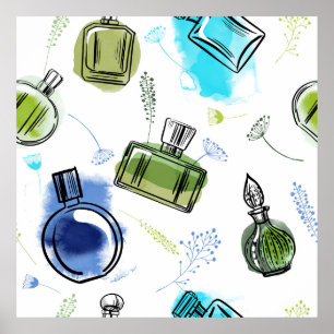 Poster Bouteille de parfum motif sans soudure et texte aq