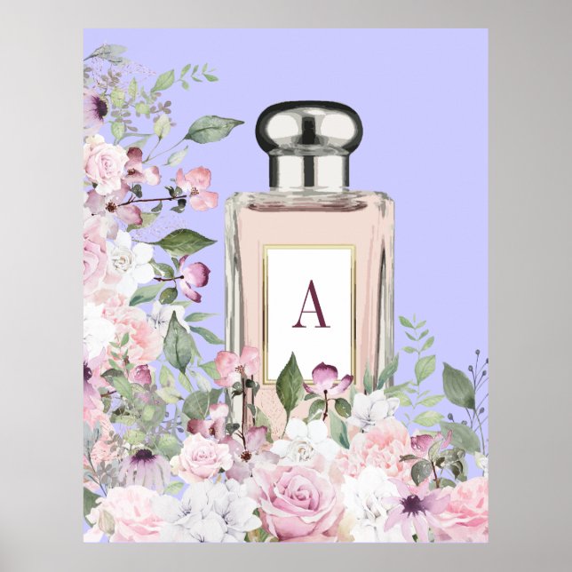 Poster Bouteille de parfum pourpre Floral Joli Chic Monog (Devant)
