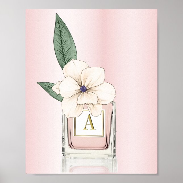 Poster Bouteille de parfum rose Floral Magnolia Monogramm (Devant)