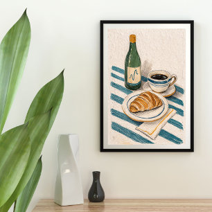 Poster Bouteille de vigne verte, thé noir, croissant en d