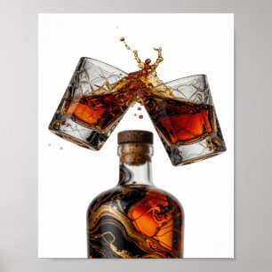 Poster Bouteille de whisky et verres argentés éclaboussur