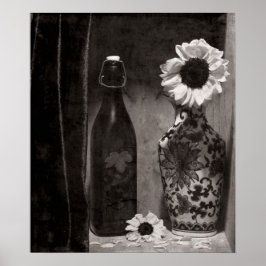 Poster Bouteille et vase de fleurs en noir et blanc
