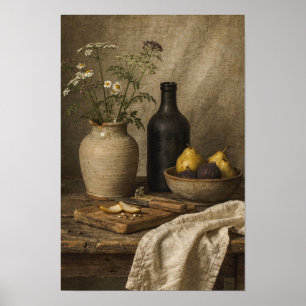 Poster Bouteille rustique, figues et tiges sauvages