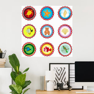 Poster Bouteille Tropicale Casquettes Design Océan et Fau