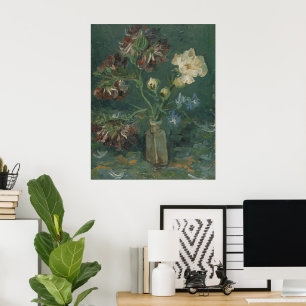 Poster Bouteille Van Gogh avec des pivoines et des delphi