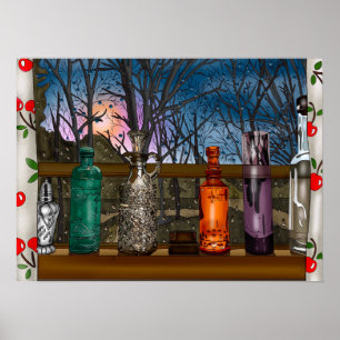 Poster Bouteilles en verre dans la fenêtre pleine de gout