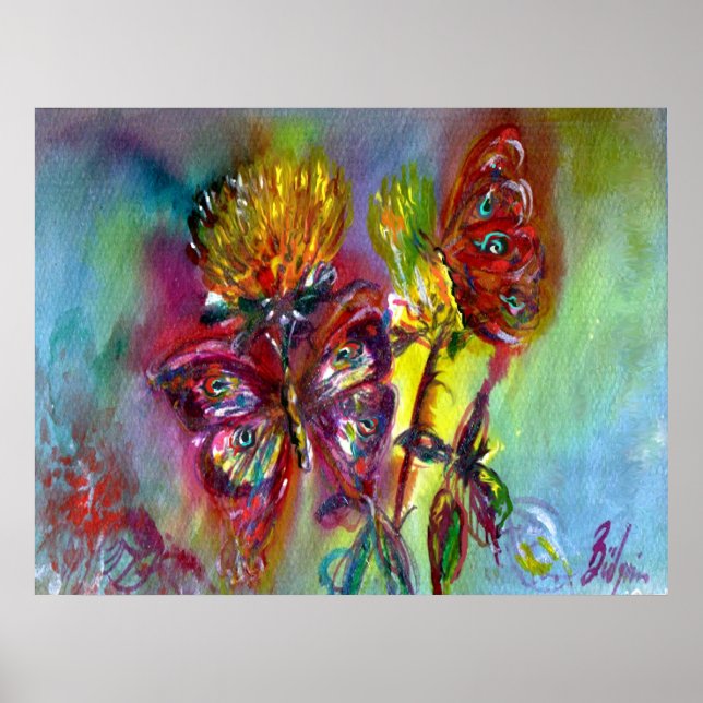POSTER BOUTEILLES ROUGES SUR THISTLES JAUNES, CIEL BLEU F (Devant)