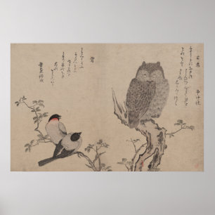 Poster Bouvreuil et hibou à cornes - Kitagawa Utamaro