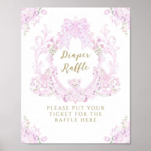 Poster Bow Floral Teddy Bear Crest Baby shower Diaper (Devant)