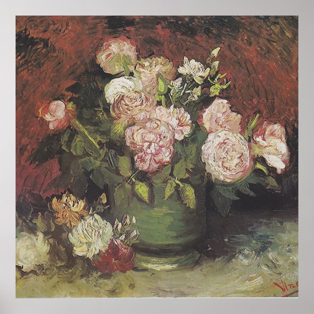 Poster Bowl avec Peonies et Roses par Vincent van Gogh (Devant)