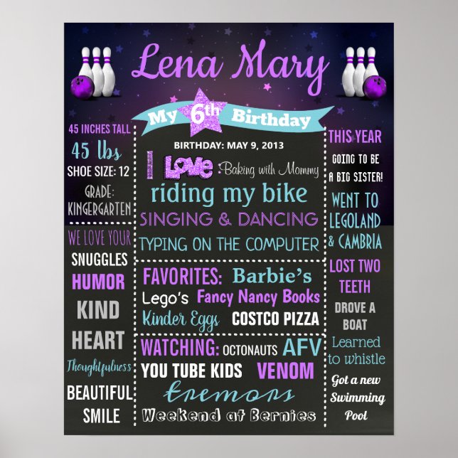 Poster Bowling Birthday craie panneau fille (Devant)