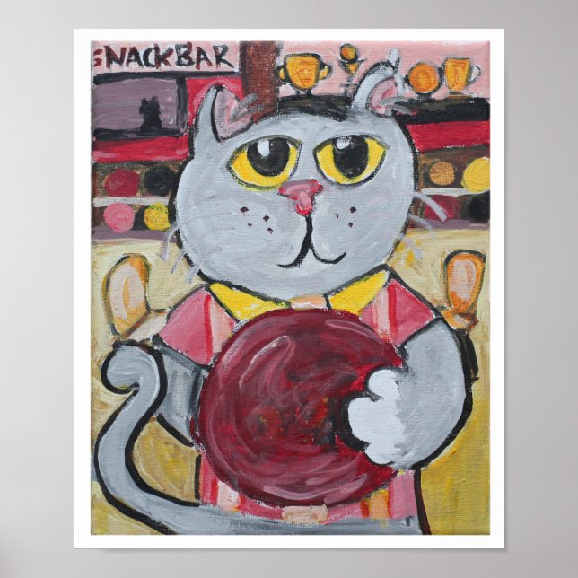 Poster Bowling Chat Folk Art amusant Sport Peinture (Devant)