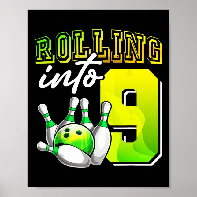 Poster Bowling Party Rolling dans 9 9e anniversaire fille (Devant)