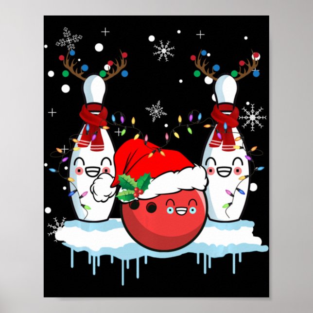 Poster Bowling Reindeer Santa Hat Christmas Bowling Lover (Devant)