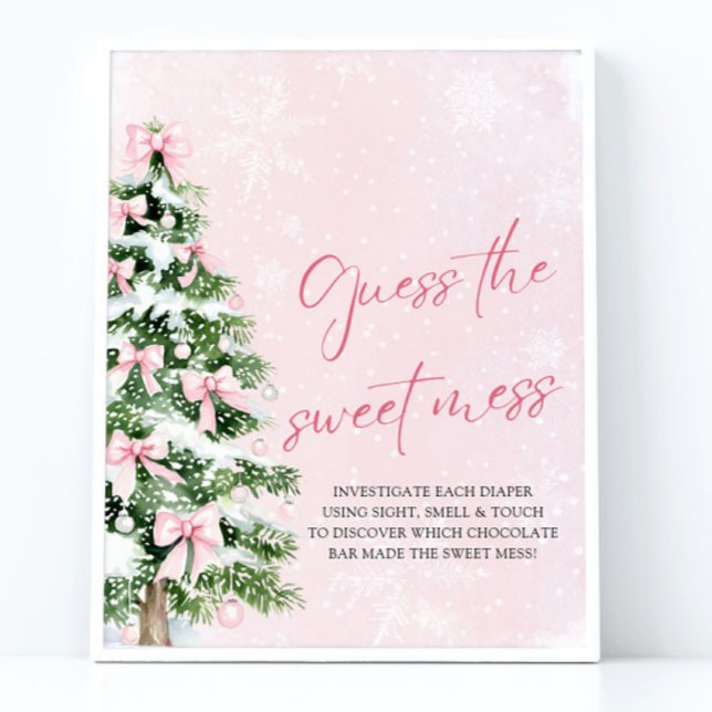 Poster Bows Baby shower de Noël Devinez le doux mess (Pink Bows Christmas Baby Shower Guess the Sweet Mess Sign)