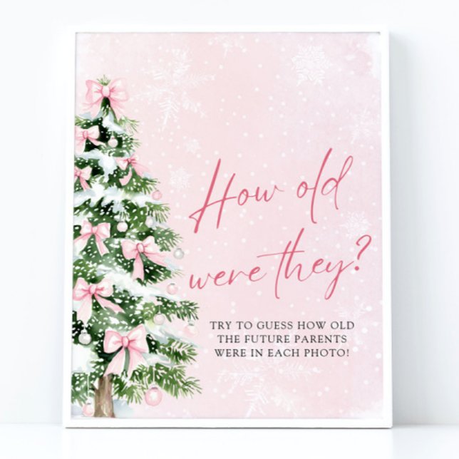 Poster Bows Noël Quel Âge Ont-Ils Été Baby shower Jeu (Pink Bows Christmas How Old Were They Baby Shower Game Sign)