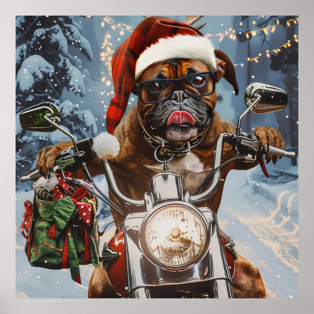 Poster Boxer Chien équitation Moto Noël (Devant)