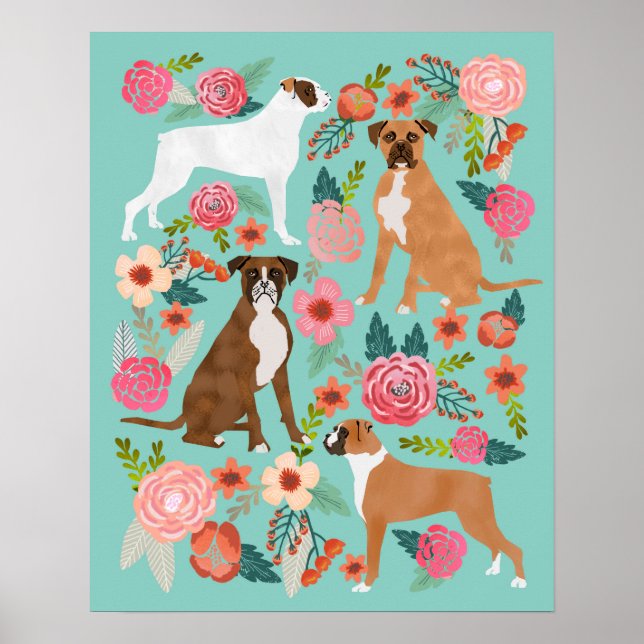 Poster Boxer Chien Floral Art Imprimer (Devant)