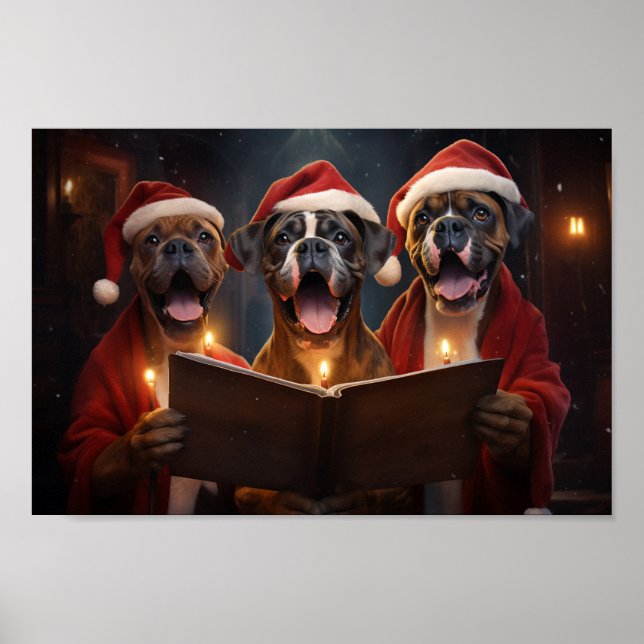 Poster Boxer Chiens Noël Caroling Festive Fête (Devant)