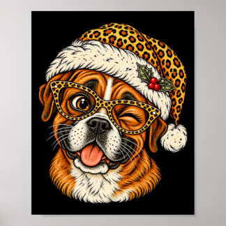 Poster Boxer de Noël drôle avec chapeau de Père Noël léop