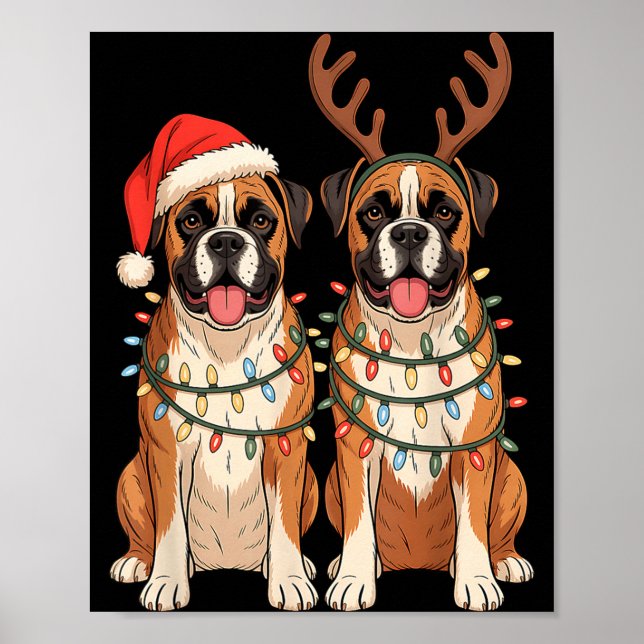 Poster Boxer Dog Christmas Santa Hat Reindeer Lights Paja (Devant)