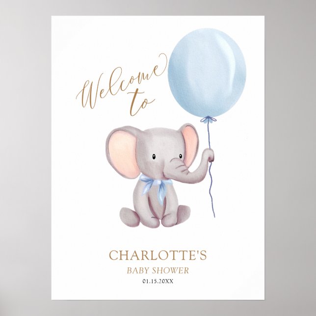 Poster Boy Blue Balloon Elephant Baby shower Bienvenue (Devant)