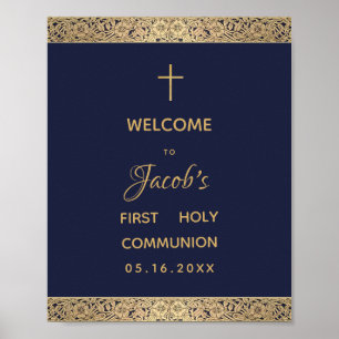 Poster Boy First Communion Marine Blue Gold Roses Bienven