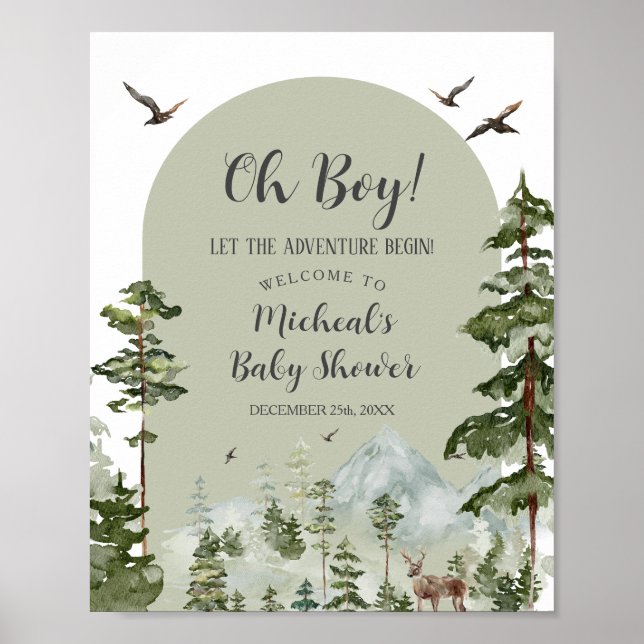 Poster Boy Pine Tree Forest Mountain Baby shower Bienvenu (Devant)