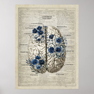 Poster Brain Anatomy Blue Floral Dictionnaire Art