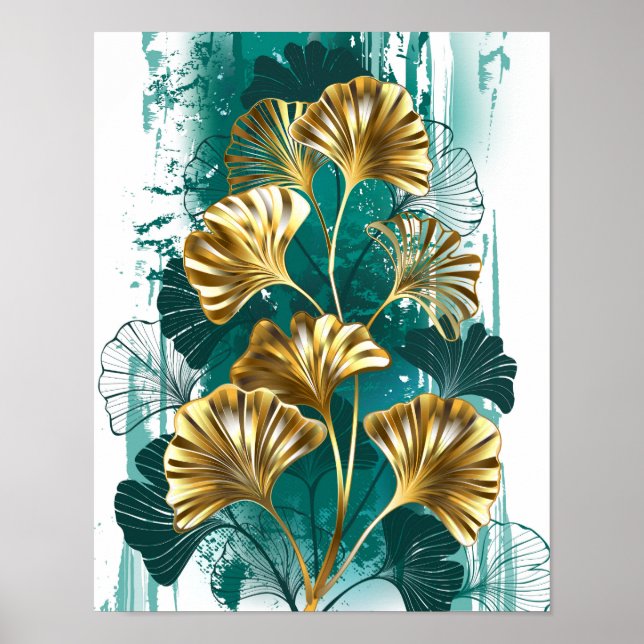 Poster Branche avec Feuilles d'or Ginko Biloba (Devant)