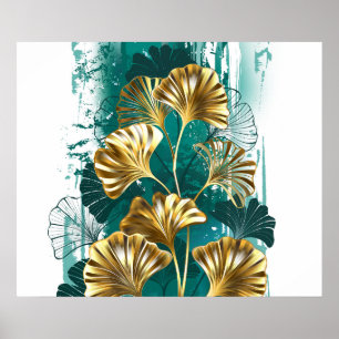 Poster Branche avec Feuilles d'or Ginko Biloba