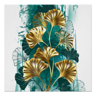 Poster Branche avec Feuilles d'or Ginko Biloba