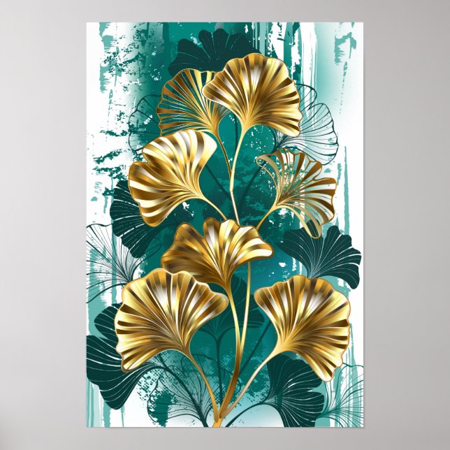 Poster Branche avec Feuilles d'or Ginko Biloba (Devant)
