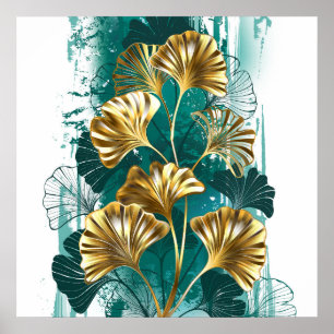 Poster Branche avec Feuilles d'or Ginko Biloba
