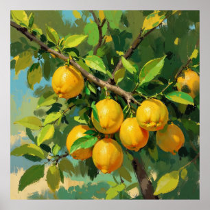Poster Branche de citrons avec fruits jaune vif
