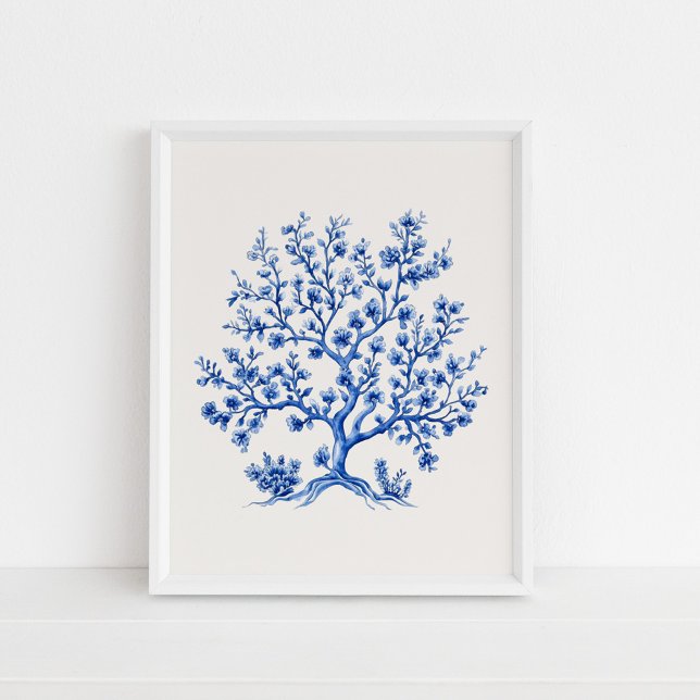 Poster Branche de corail bleu - Bleu côtier sur beige (Blue Coral Branch – Coastal Blue on Beige Poster in a white frame on the floor)