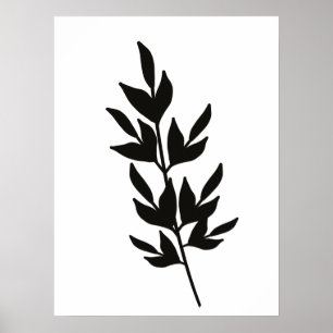 Poster Branche de feuille simple Art en ligne Noir Blanc