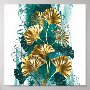 Poster Branche de Ginko Biloba aux feuilles dorées