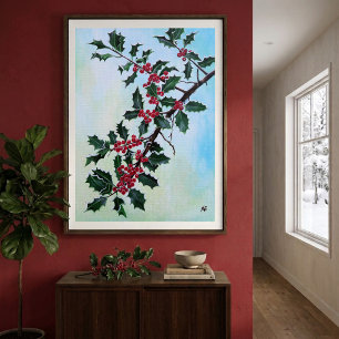 Poster Branche de houx dans la neige de l'hiver par Alfre