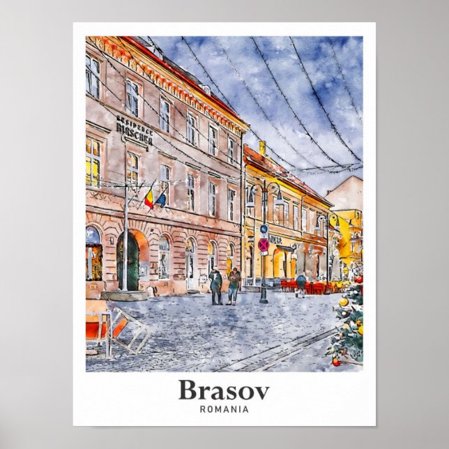 Poster Brasov Roumanie Voyage Aquarelle main tirée (Devant)