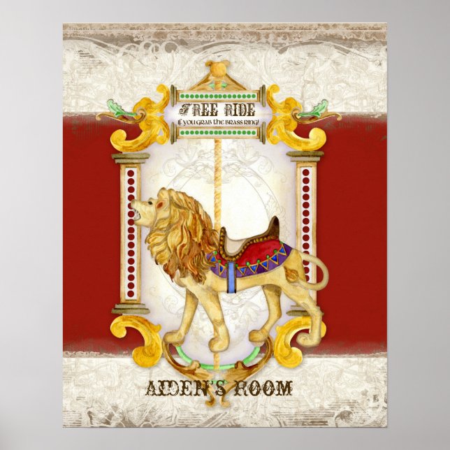 Poster Brass Ring Roaring Lion, carrousel de cirque vinta (Devant)