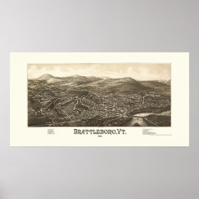 Poster Brattleboro, VT Carte panoramique - 1886 (Devant)