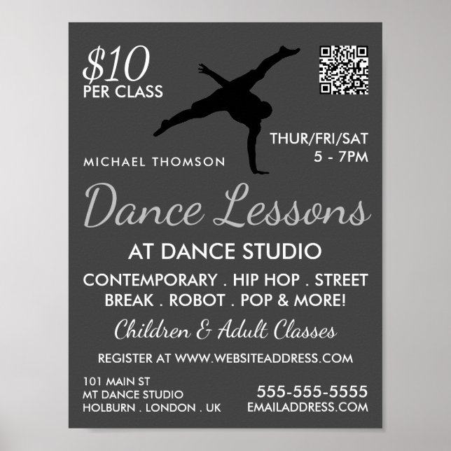 Poster Break Dancer Silhouette, Dance Leçon Publicité (Devant)