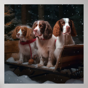 Poster Bretagne Spaniel Snowy Sleigh Décor de Noël